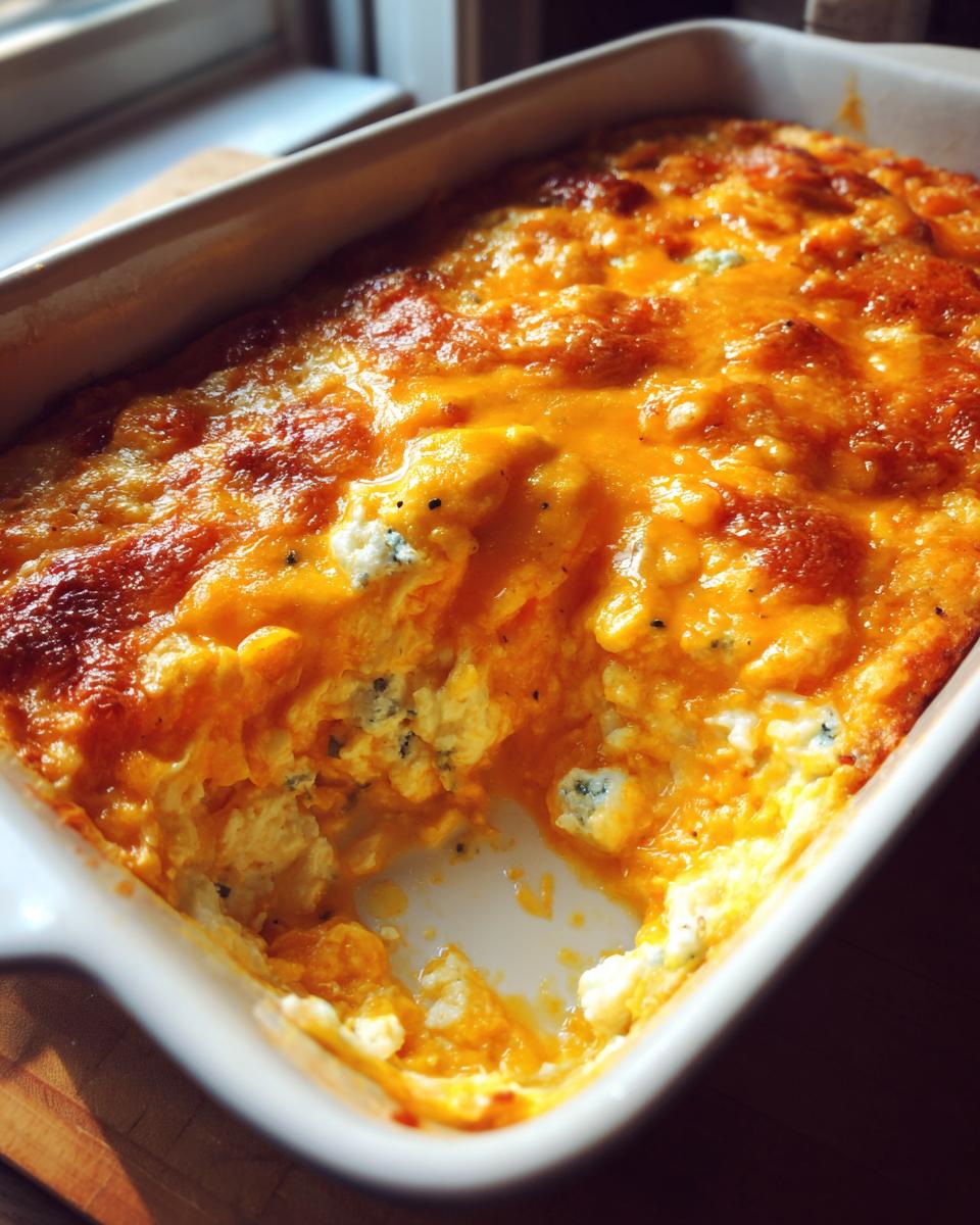 A close-up of a bubbling Buffalo chicken dip in a white baking dish, with melted cheese and visible chunks of chicken and blue cheese.