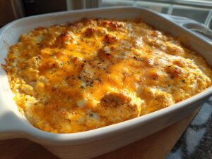A close-up of a bubbly Buffalo chicken dip in a white baking dish, topped with melted cheddar cheese and herbs.