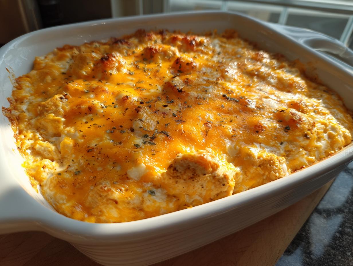 A close-up of a bubbly Buffalo chicken dip in a white baking dish, topped with melted cheddar cheese and herbs.
