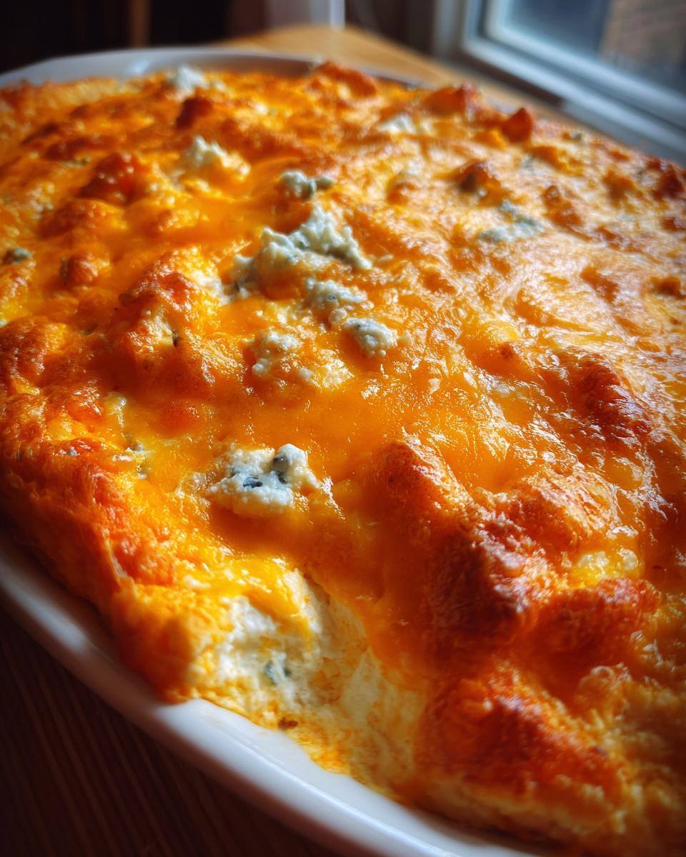 A close-up of bubbling hot Buffalo chicken dip, topped with melted cheddar cheese and blue cheese crumbles.