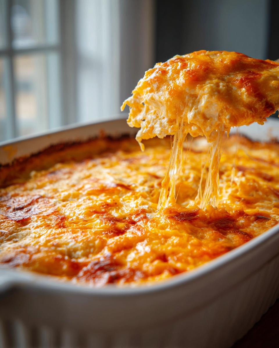 A scoop of cheesy buffalo chicken dip being lifted from a baking dish, with melted cheese strings stretching.