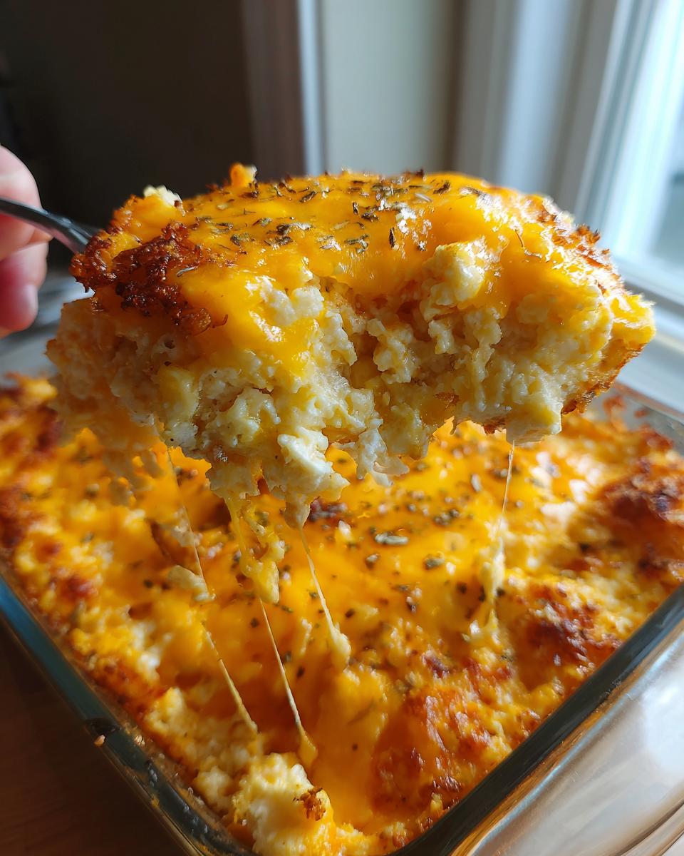 A serving spoon lifts a scoop of bubbling, cheesy Buffalo chicken dip from a glass baking dish.