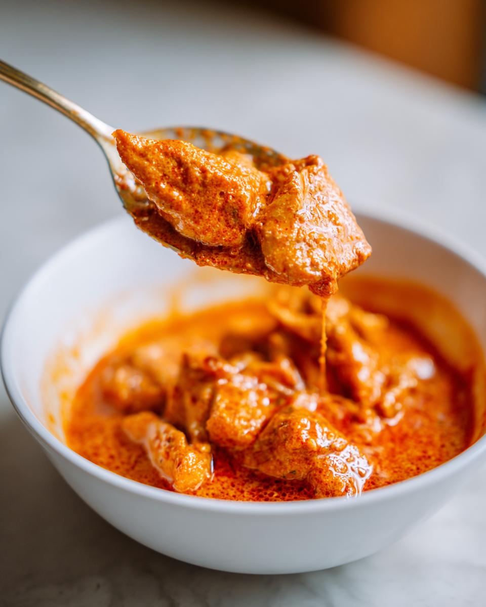 A spoonful of creamy, orange Butter Chicken being lifted from a white bowl.