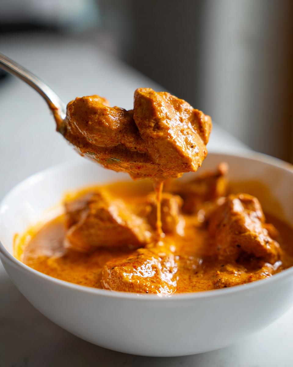 A spoonful of tender chicken pieces coated in a rich, creamy orange sauce, part of a bowl of Butter Chicken.