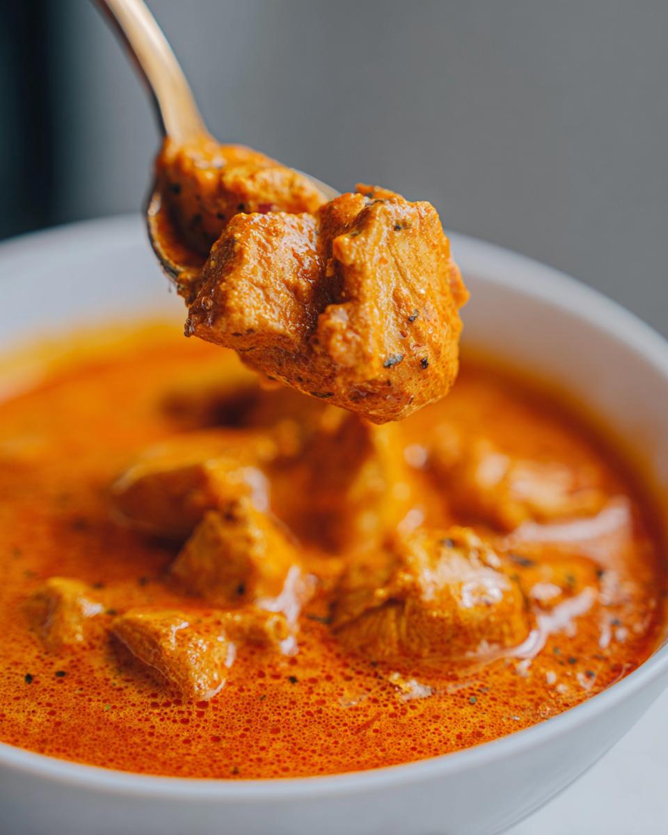 A spoonful of tender chicken pieces coated in creamy, orange butter chicken sauce.