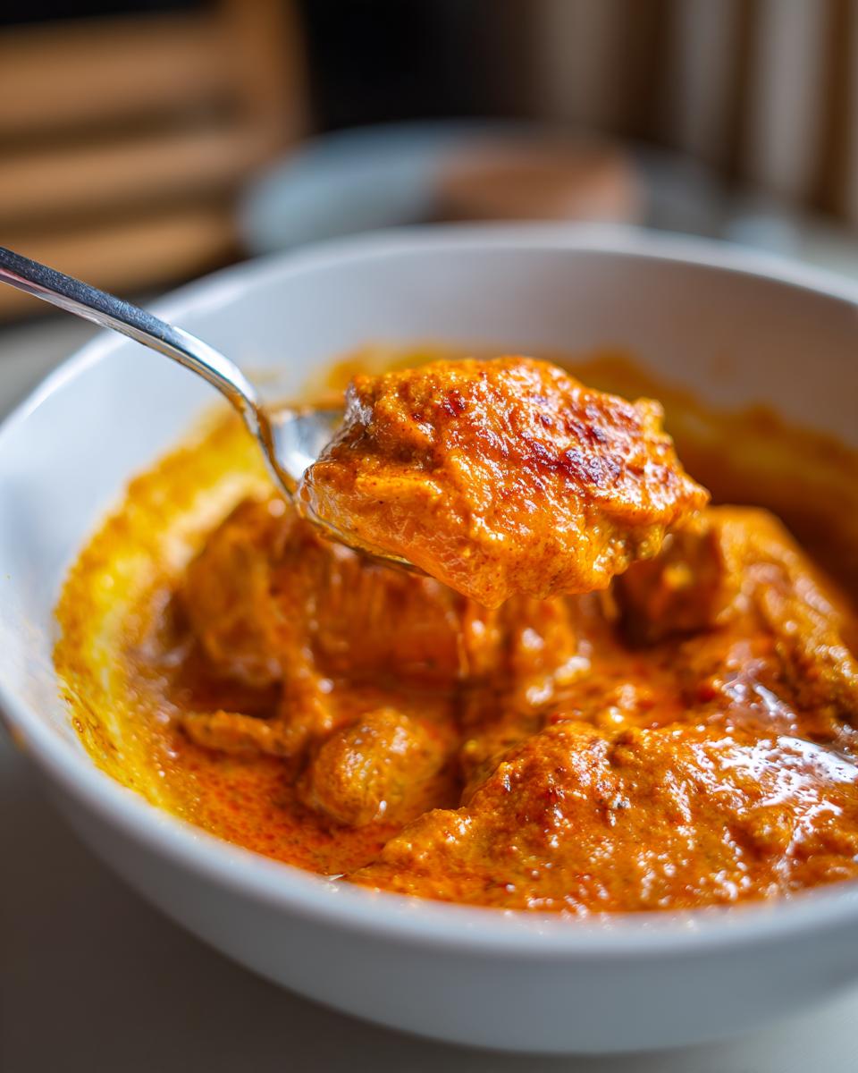 A spoonful of creamy, orange Butter Chicken is lifted from a white bowl, showing tender chicken pieces in a rich sauce.