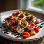 Two perfectly cooked Caprese chicken breasts topped with fresh tomatoes, basil, and a balsamic glaze.