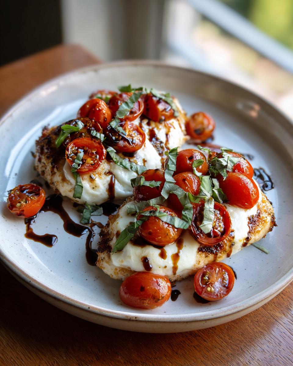 Two pieces of Caprese chicken topped with melted mozzarella, cherry tomatoes, fresh basil, and balsamic glaze.