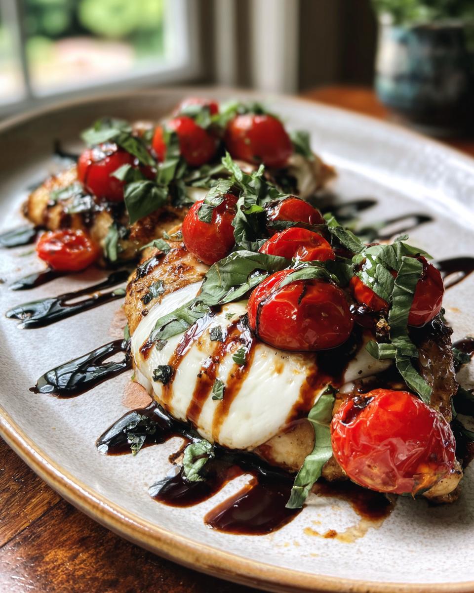 Close-up of two Caprese chicken breasts topped with fresh mozzarella, cherry tomatoes, basil, and balsamic glaze.
