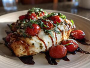A close-up of Caprese chicken topped with melted mozzarella, roasted cherry tomatoes, and fresh basil, drizzled with balsamic glaze.