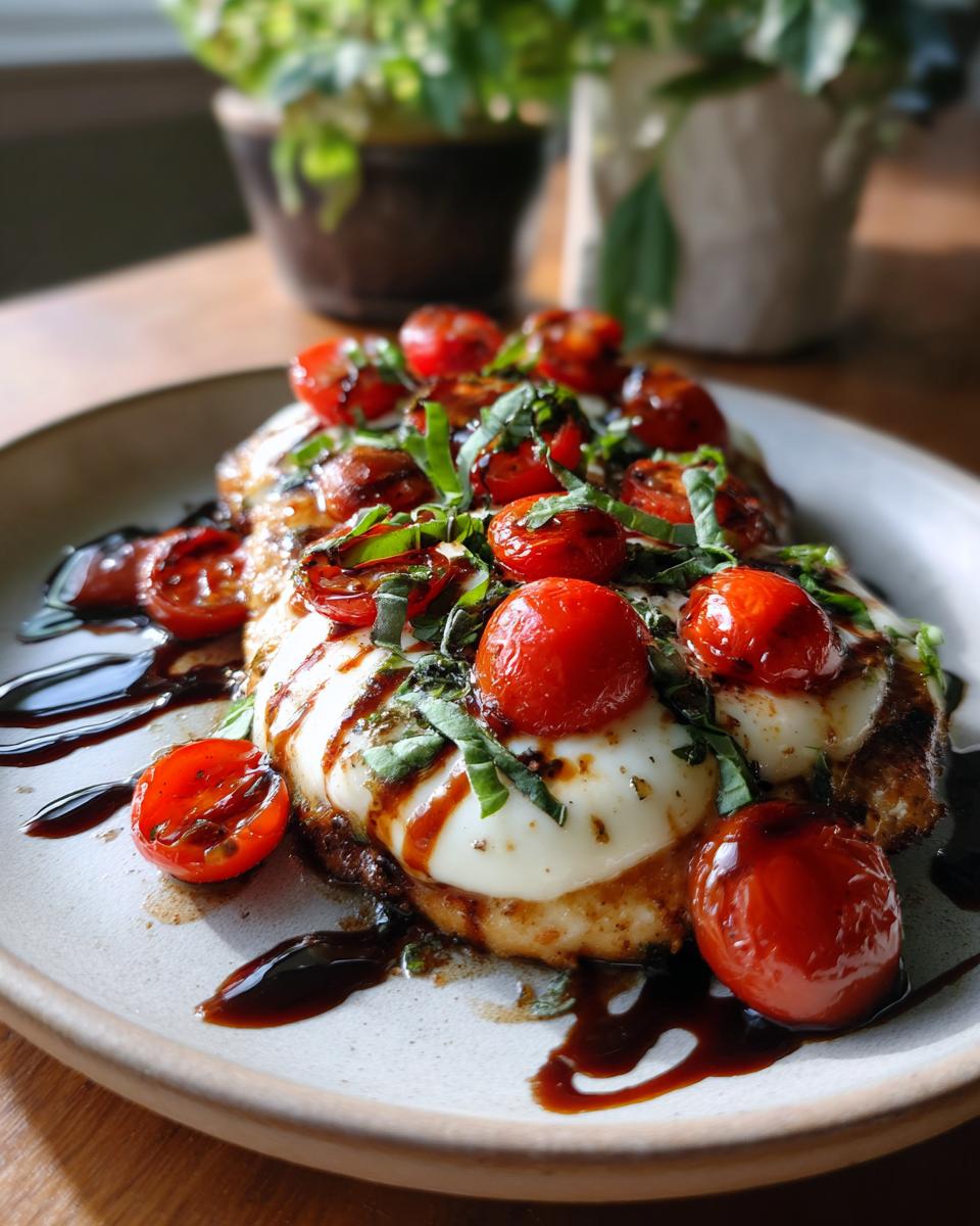 A close-up shot of Caprese chicken topped with melted mozzarella, cherry tomatoes, fresh basil, and a balsamic glaze.