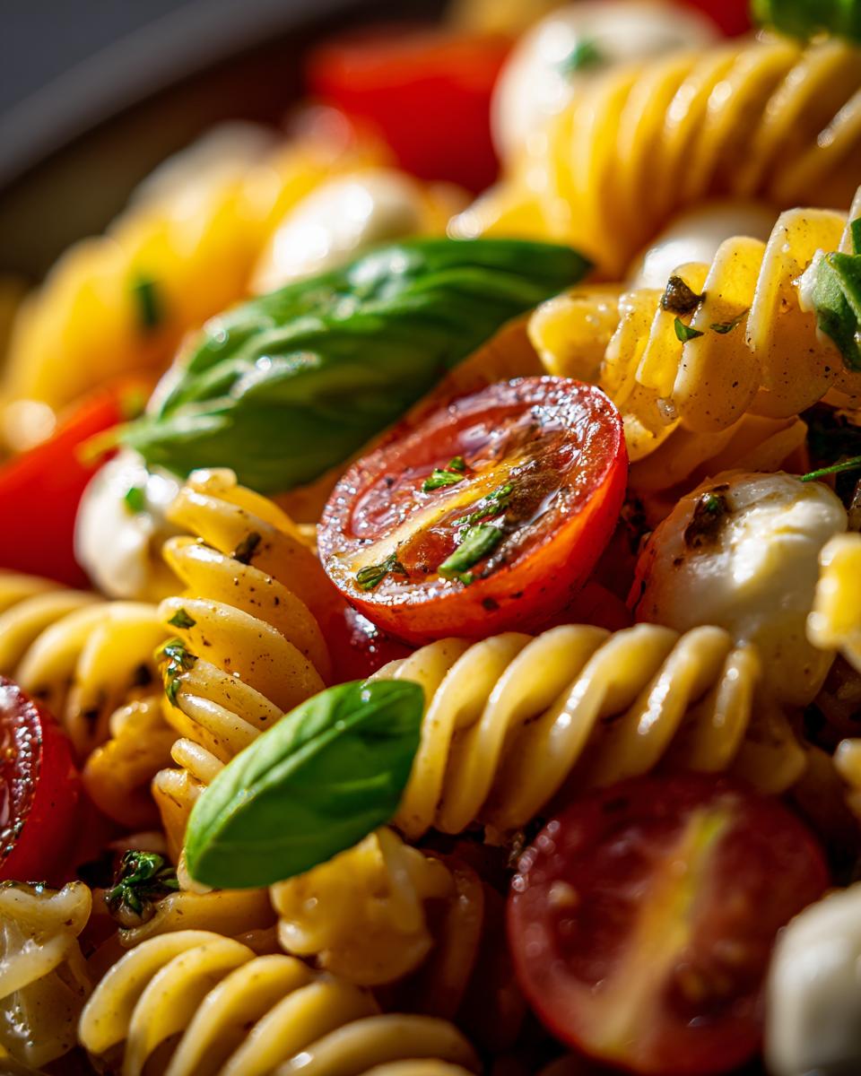 A close-up of Caprese pasta salad featuring rotini pasta, cherry tomatoes, fresh basil, and mozzarella balls.