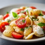 Close-up of a Caprese pasta salad featuring rotini pasta, halved cherry tomatoes, fresh mozzarella balls, and basil leaves.