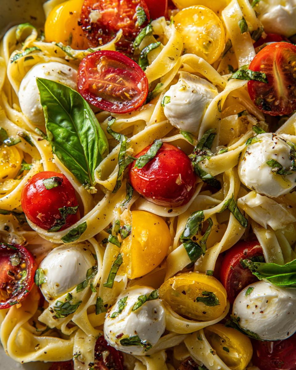 Close-up of Caprese pasta salad featuring fettuccine, cherry tomatoes, and fresh mozzarella balls with basil.