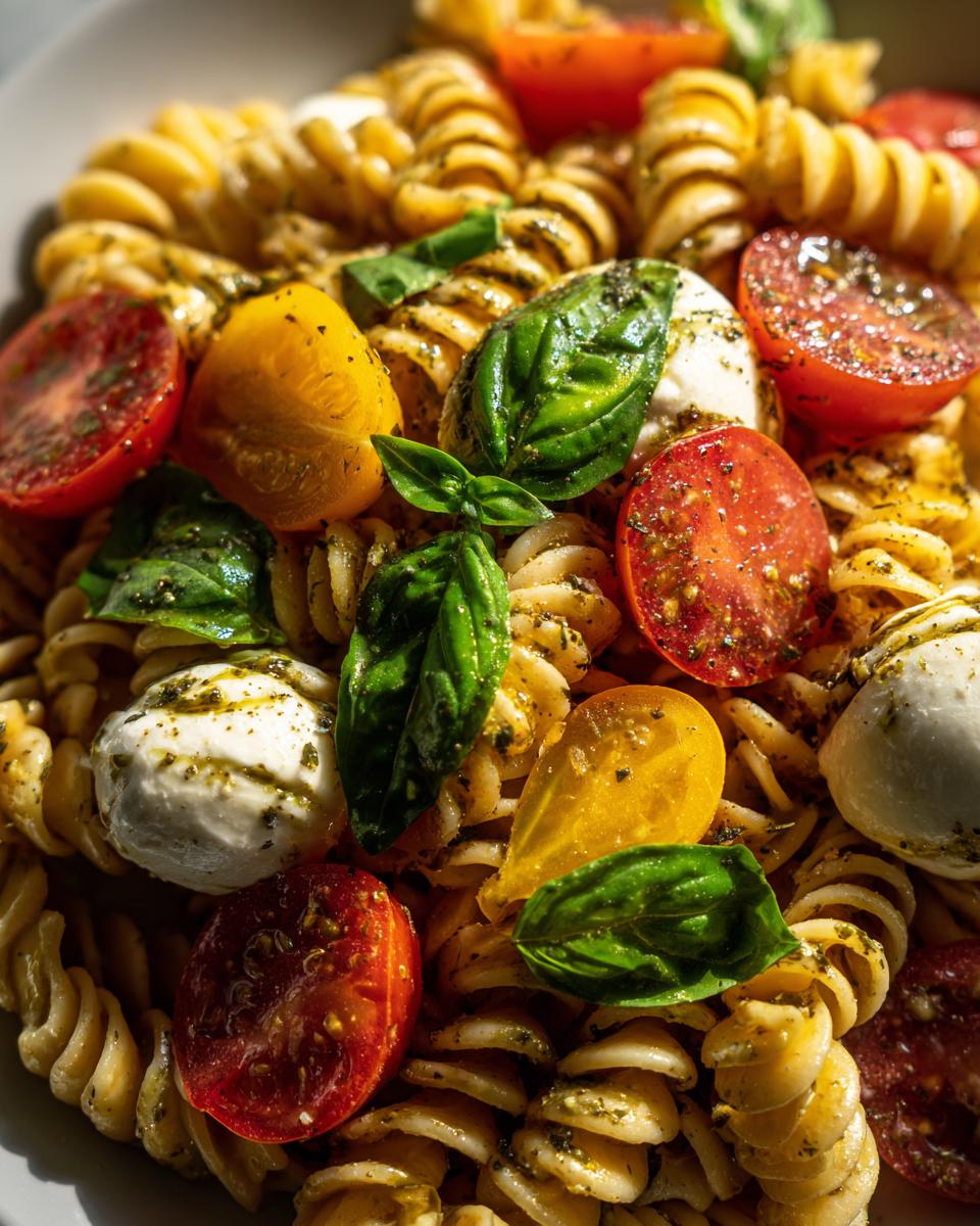 Close-up of Caprese pasta salad with rotini pasta, cherry tomatoes, fresh mozzarella balls, and basil leaves.