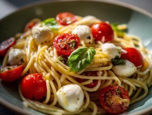 A close-up of Caprese pasta salad featuring spaghetti, cherry tomatoes, mozzarella balls, and basil leaves.