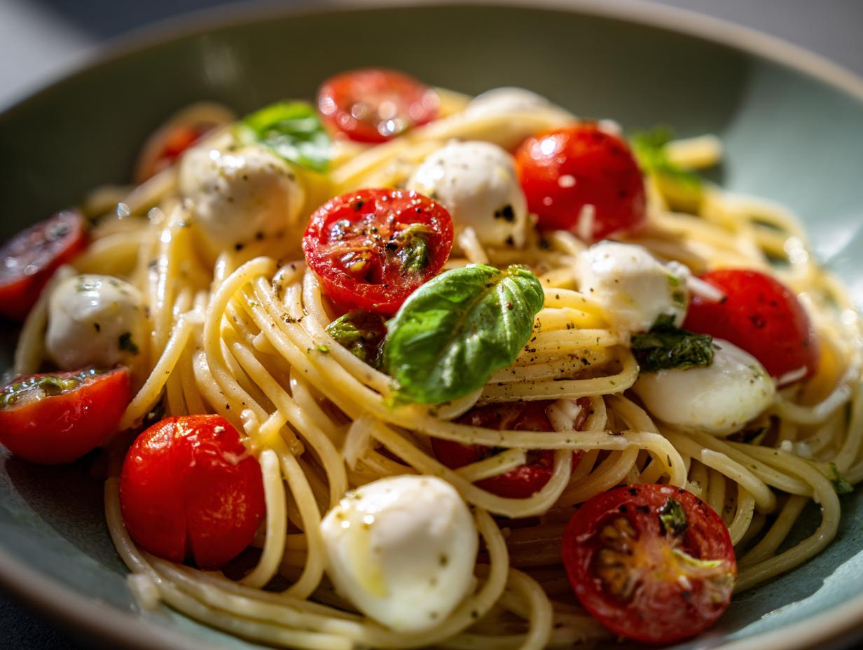 A close-up of Caprese pasta salad featuring spaghetti, cherry tomatoes, mozzarella balls, and basil leaves.