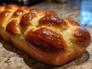 Close-up of a beautifully baked, golden brown challah bread with a glossy finish, showcasing its intricate braid.