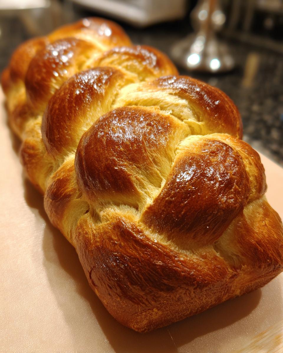 A close-up, detailed view of a beautifully braided, golden brown challah bread loaf.