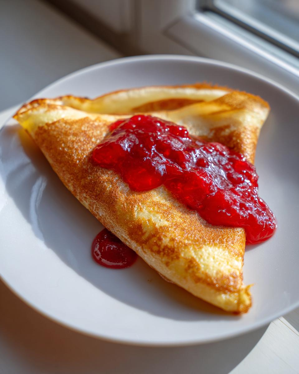 A golden-brown cheese blintz folded in half and topped with vibrant red berry jam.