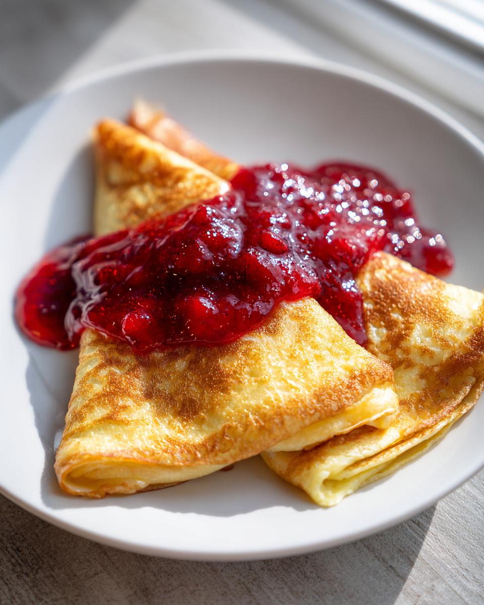 Close-up of golden cheese blintzes folded and topped with a generous serving of bright red berry compote.