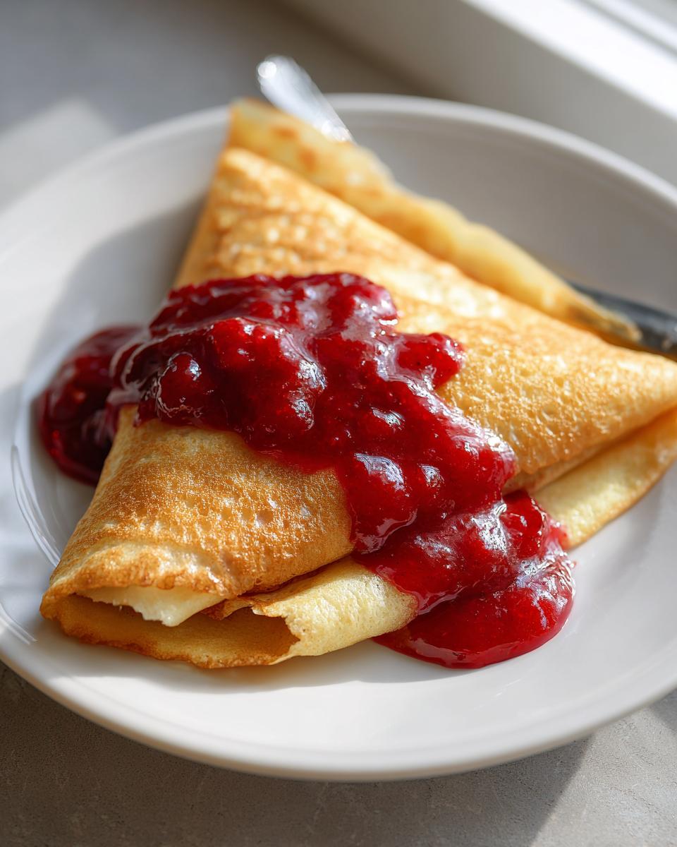 Close-up of golden cheese blintzes folded and topped with a generous serving of bright red berry sauce.