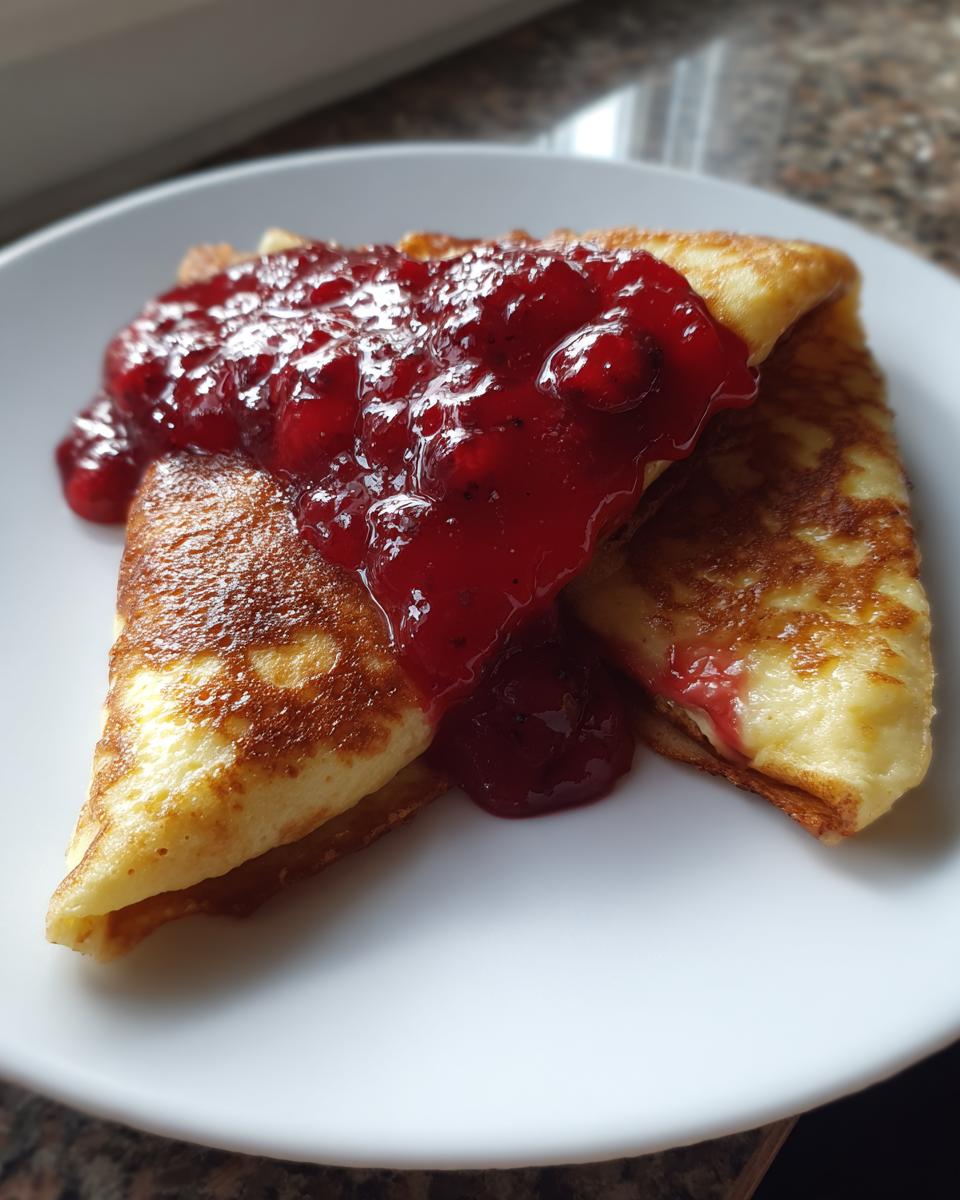 Close-up of two folded cheese blintzes topped with a generous serving of red berry compote.