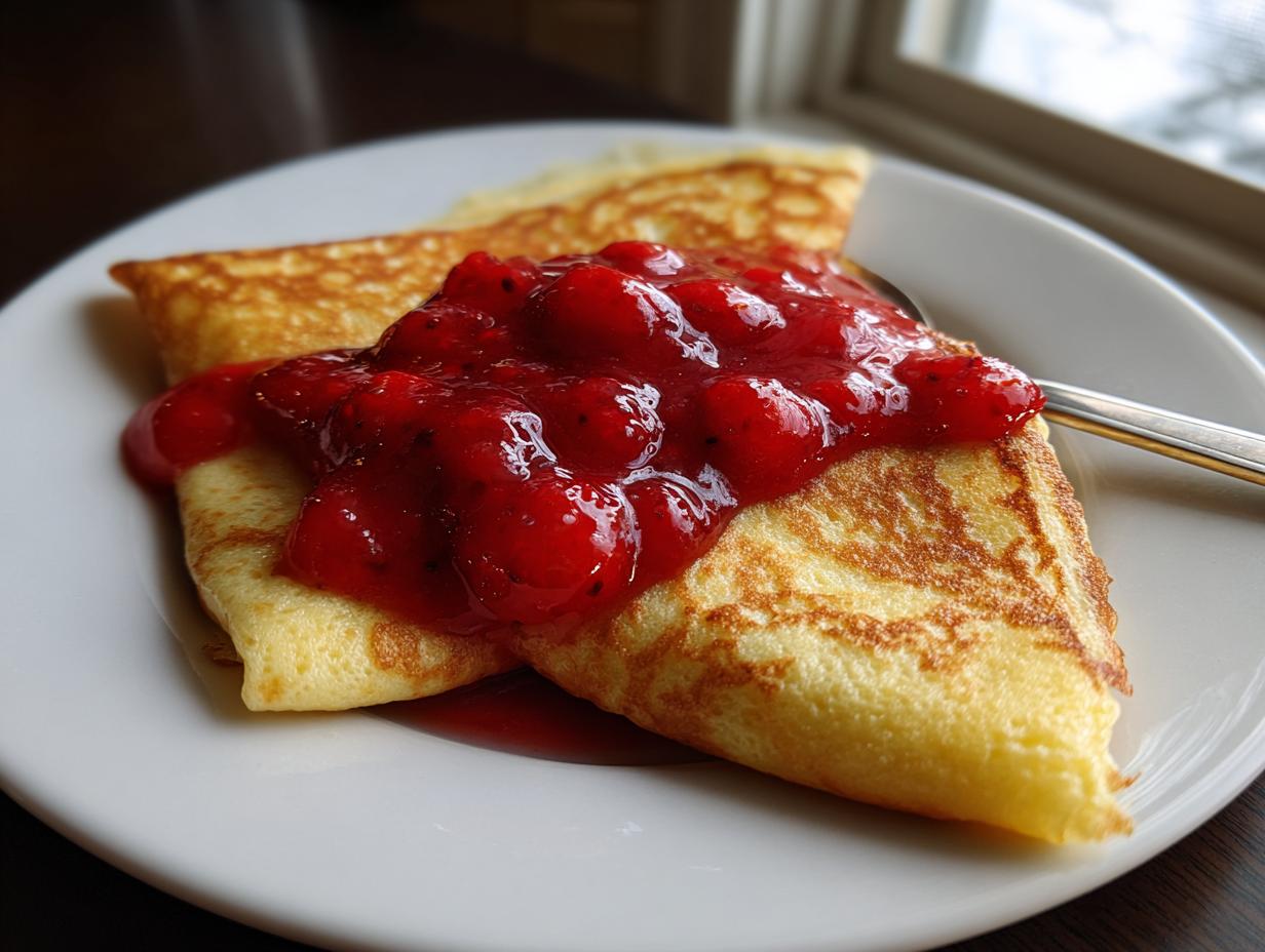 A close-up of two folded cheese blintzes topped with a generous serving of bright red strawberry sauce.