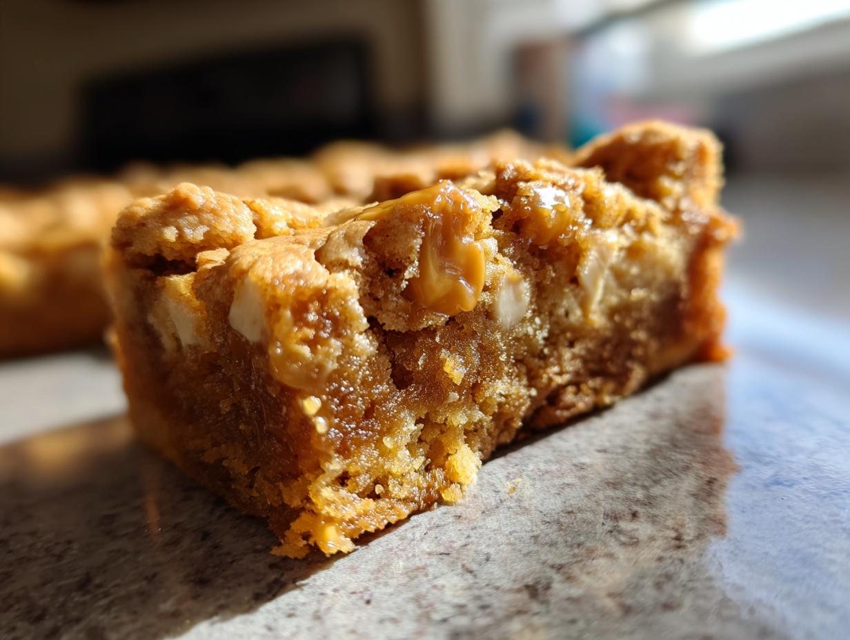 Close-up of a chewy butterscotch blondie with white chocolate chips and caramel swirls.