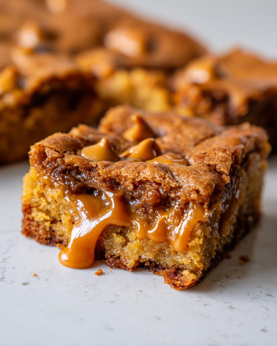 Close-up of a chewy butterscotch blondie with melted butterscotch chips and gooey caramel oozing out.