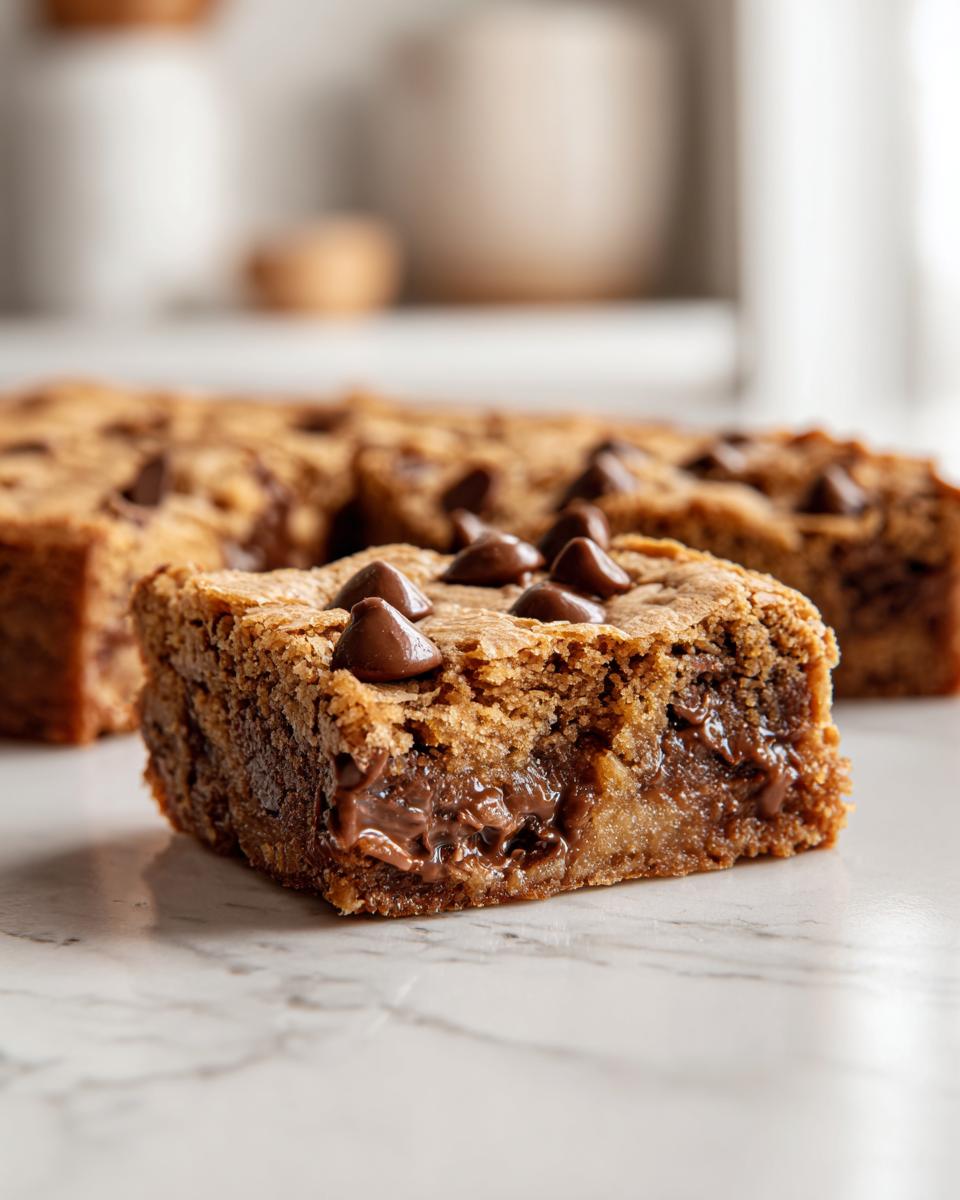 A close-up of a chewy butterscotch blondie with melted chocolate chips.