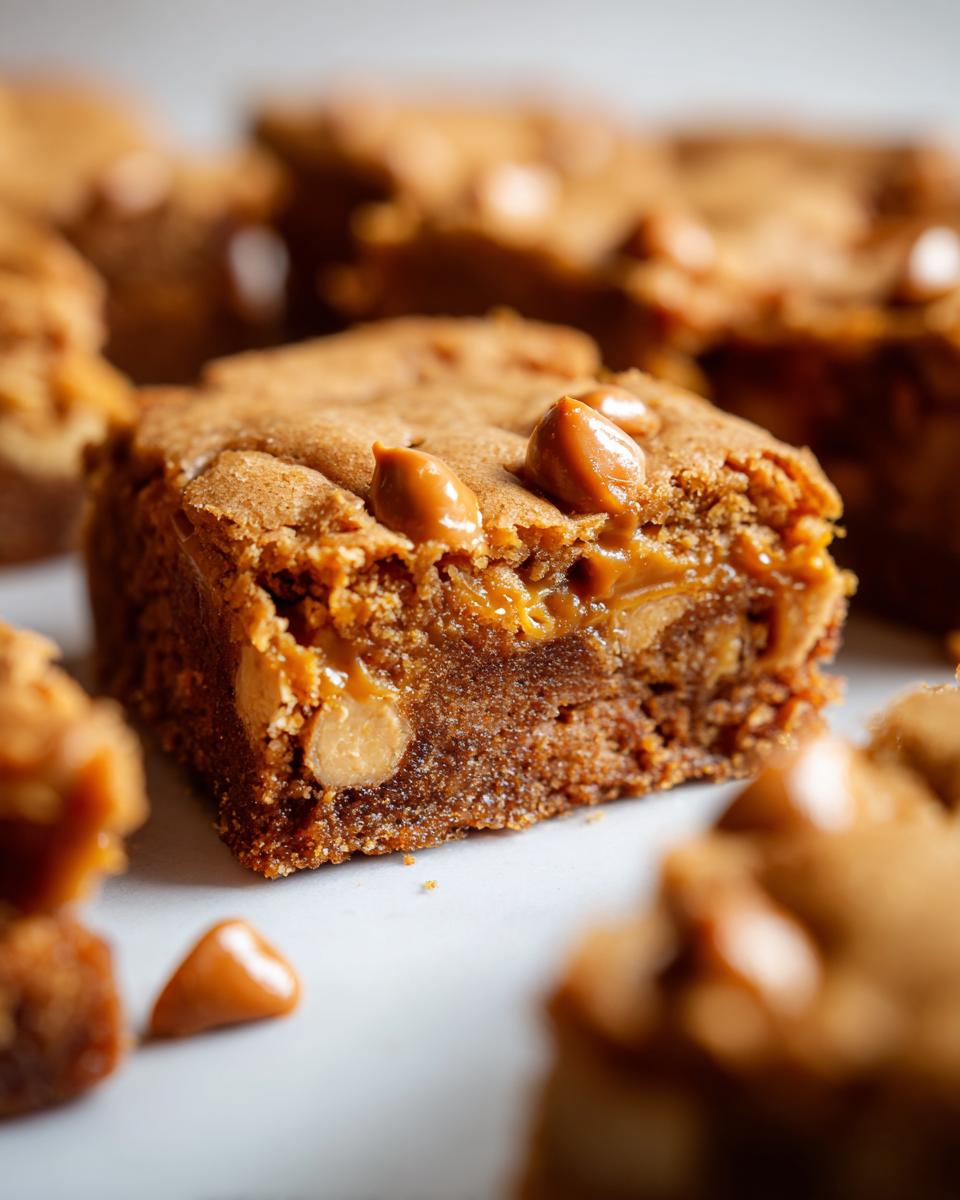 Close-up of a chewy butterscotch blondie, revealing melted butterscotch chips and a rich texture.