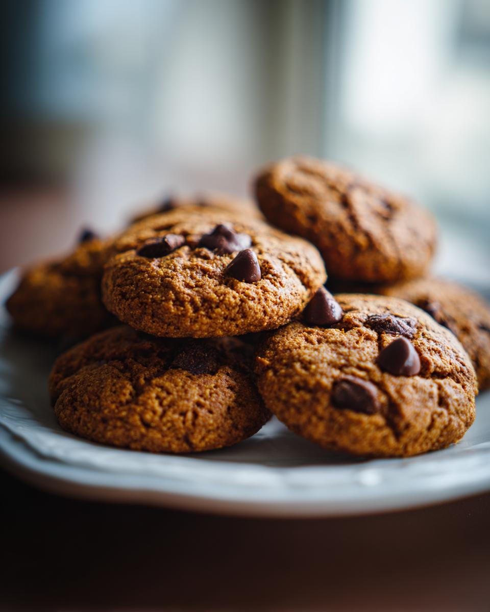 A stack of chewy pumpkin chocolate chip cookies on a light blue plate.