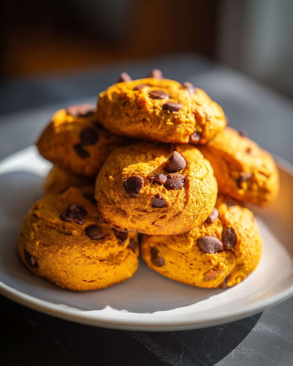 A stack of delicious, chewy pumpkin chocolate chip cookies on a white plate.