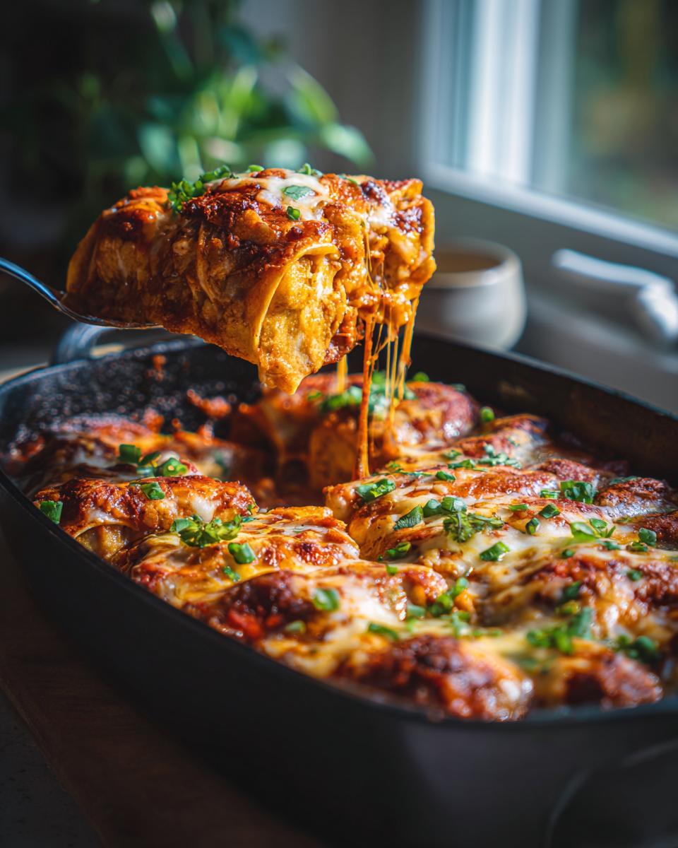 A serving spoon lifts a cheesy chicken enchilada from a baking dish, showing a satisfying cheese pull.