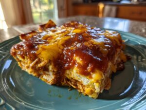 A close-up of a slice of cheesy chicken enchiladas topped with red sauce on a teal plate.