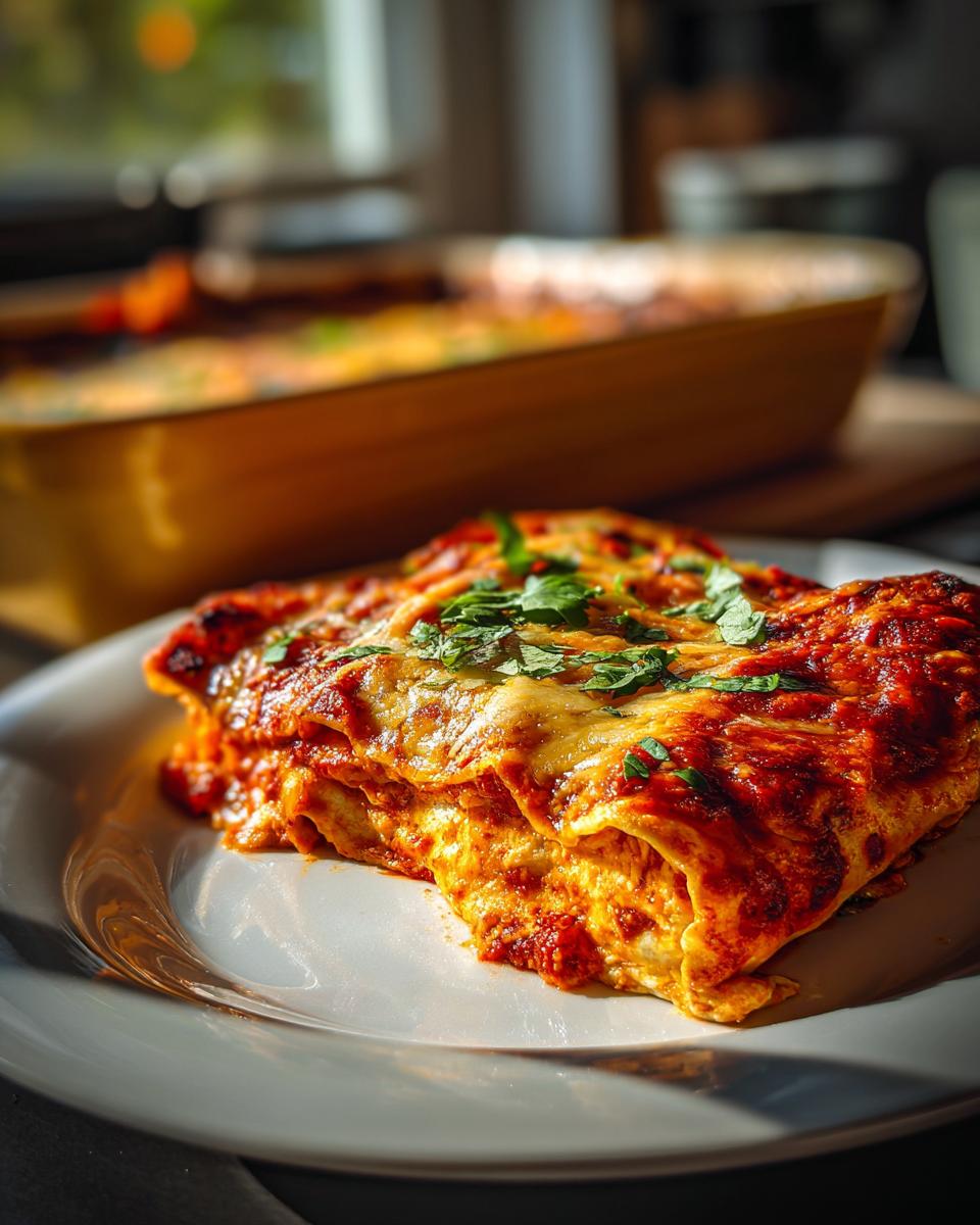 Close-up of a slice of cheesy chicken enchiladas topped with fresh parsley.