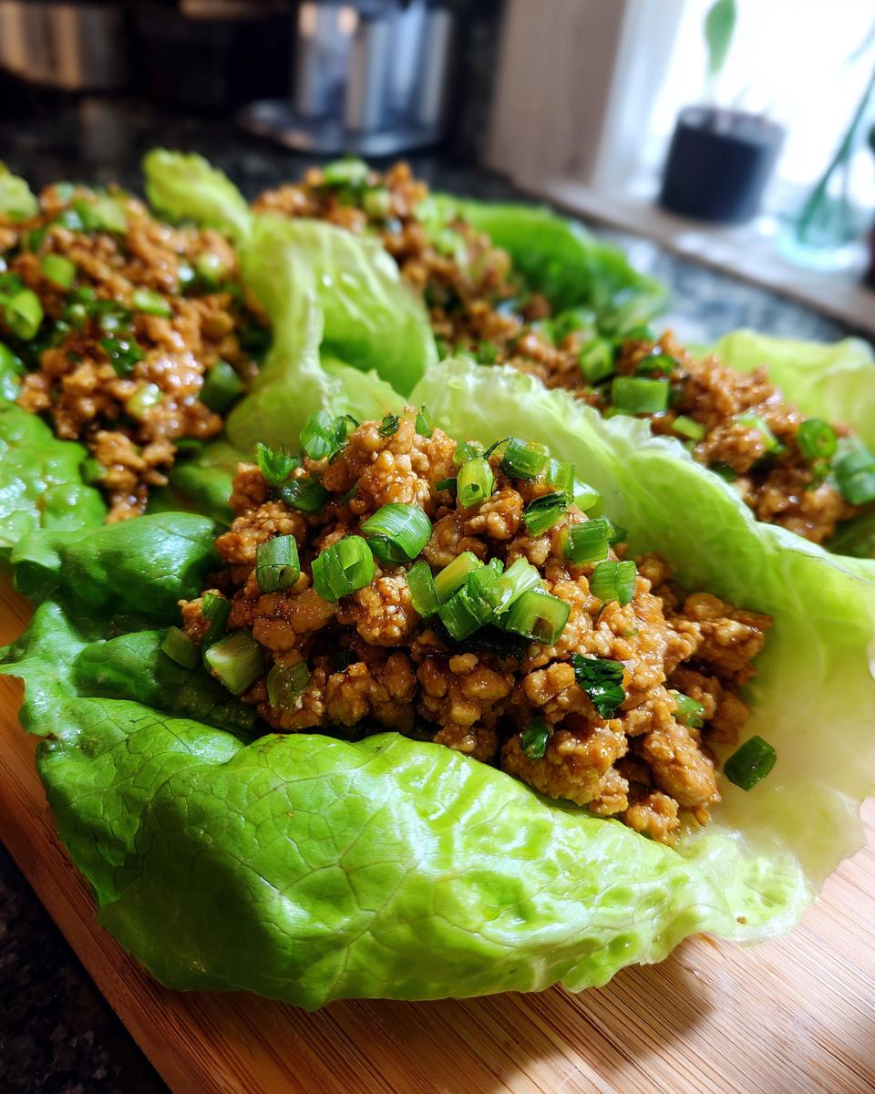 Close-up of delicious chicken lettuce wraps filled with seasoned ground chicken and topped with chopped green onions.