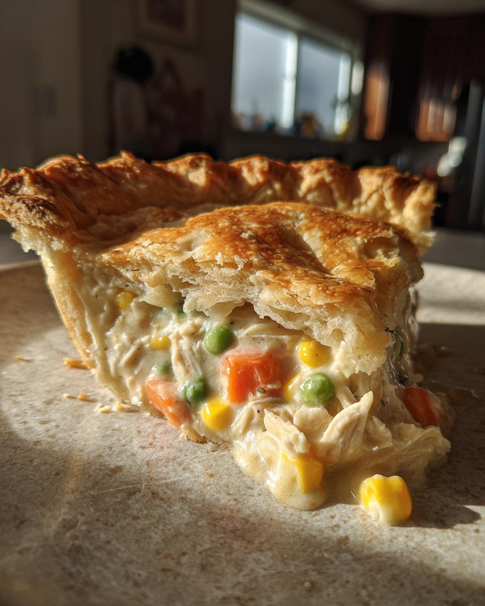 A close-up of a flaky crust slice of chicken pot pie filled with creamy chicken, peas, carrots, and corn.