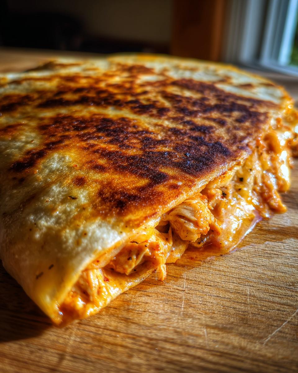 Close-up of a golden-brown chicken quesadilla, showing the cheesy chicken filling spilling out.
