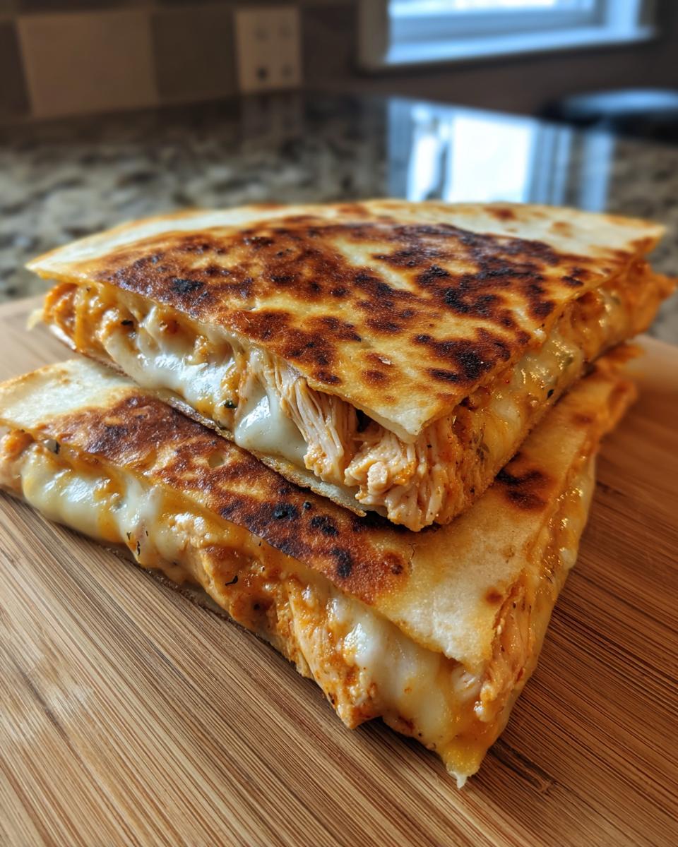 A close-up of a perfectly grilled chicken quesadilla, overflowing with melted cheese and shredded chicken.
