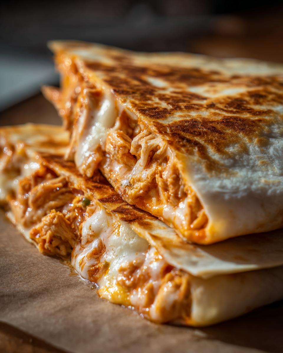 Close-up of a delicious chicken quesadilla, with melted cheese oozing out.