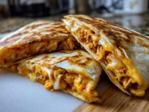Close-up of a golden-brown chicken quesadilla, cut in half, revealing shredded chicken and melted cheese.