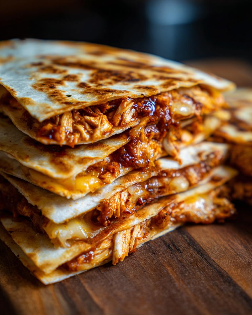 A close-up view of a stack of golden-brown chicken quesadillas, showcasing shredded chicken and melted cheese.