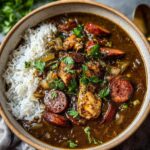 A close-up of a bowl of chicken and sausage gumbo with rice and garnished with parsley.