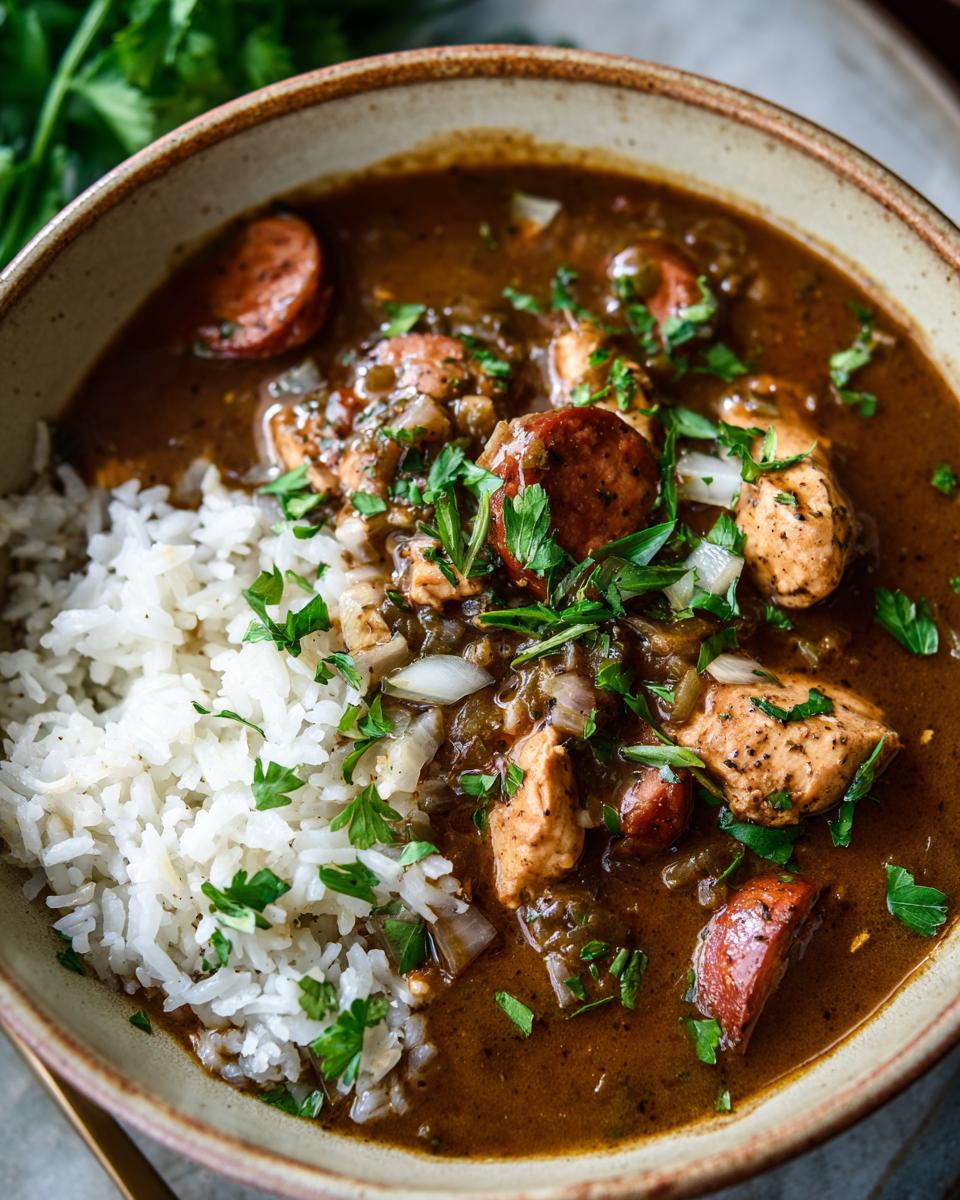 A close-up of a bowl of chicken and sausage gumbo served over white rice, garnished with fresh parsley.