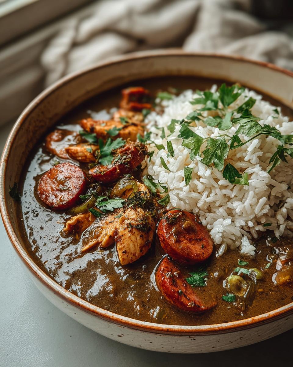 A close-up of a bowl of chicken and sausage gumbo, served with fluffy white rice and garnished with fresh parsley.