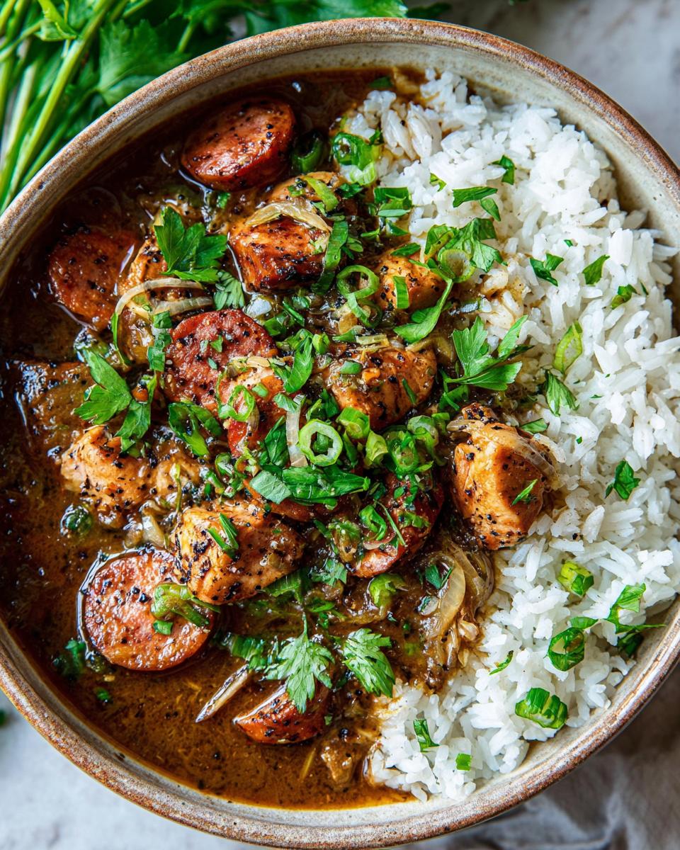 A close-up bowl of chicken and sausage gumbo served over white rice, garnished with fresh parsley and green onions.