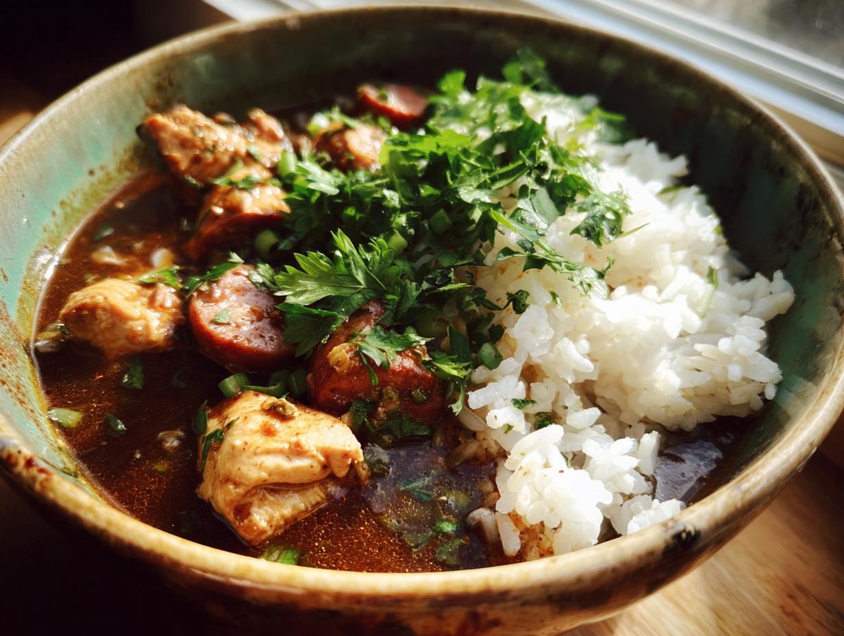 A close-up of a delicious bowl of chicken and sausage gumbo served with white rice and garnished with fresh parsley.