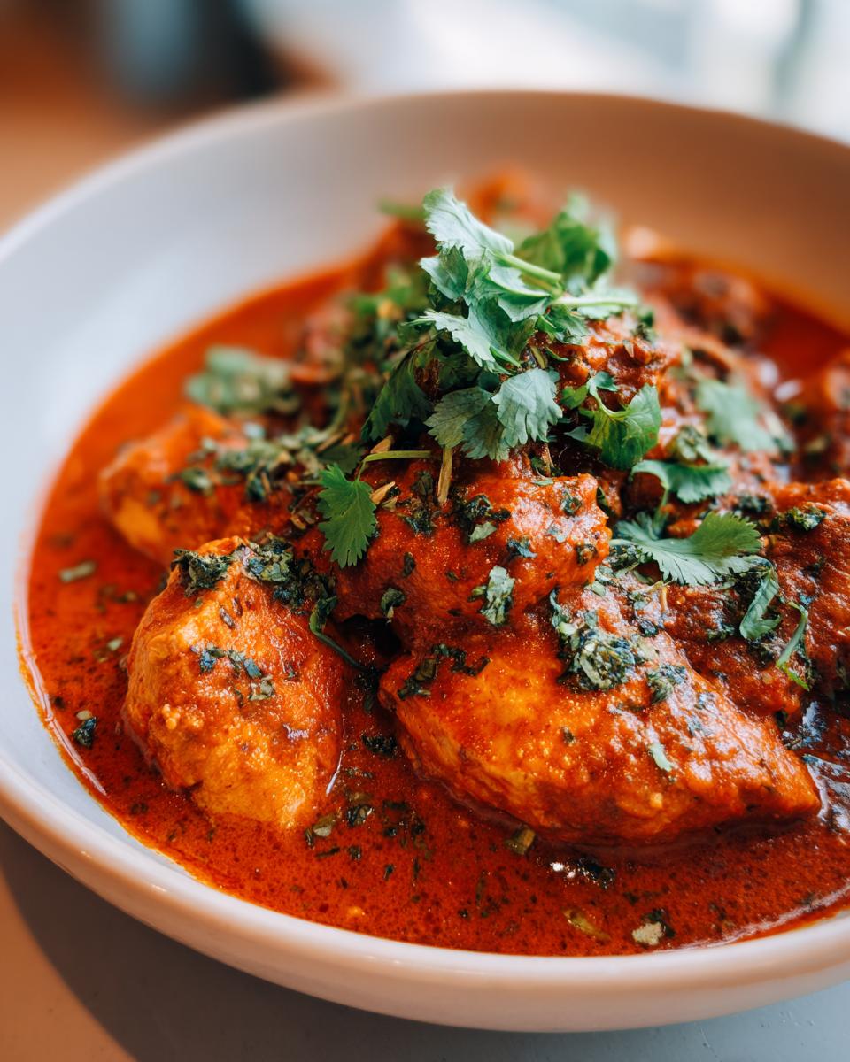 A close-up of tender chicken pieces in a rich, creamy tomato sauce, garnished with fresh cilantro. This is our amazing Chicken Tikka Masala.